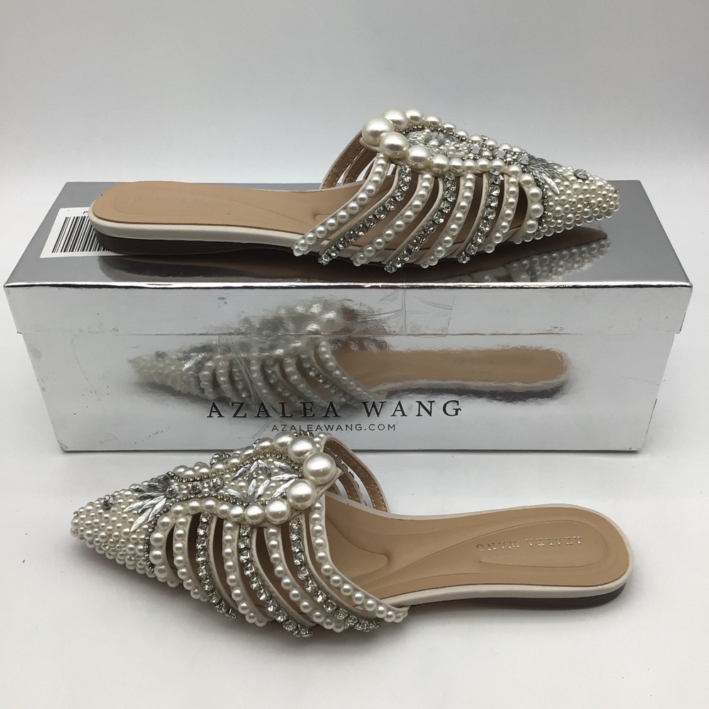 Azalea Wang Adaline Bone Pearl Rhinestone Pointed Toe Mules Flats Size 6 NEW